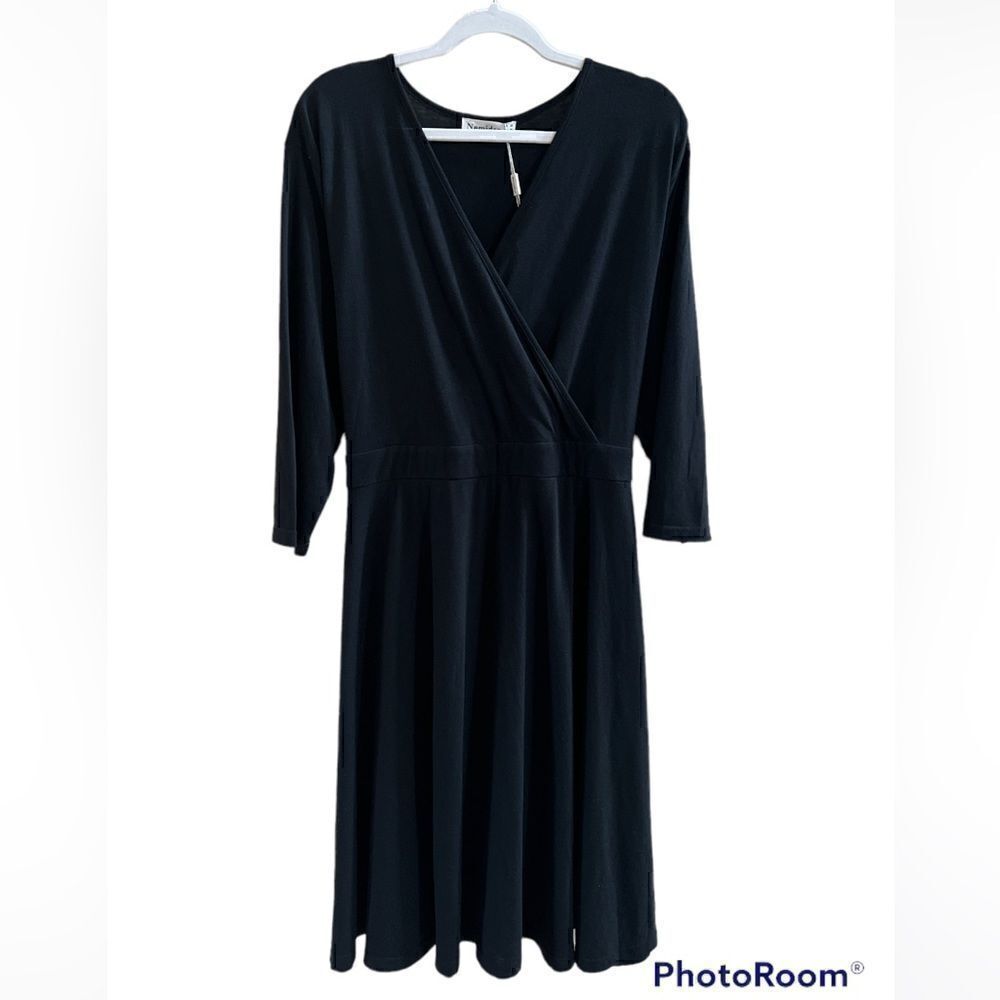 Women’s sz 26 Nemidor black stretchy flare skirt faux wrap front midi dress NEW